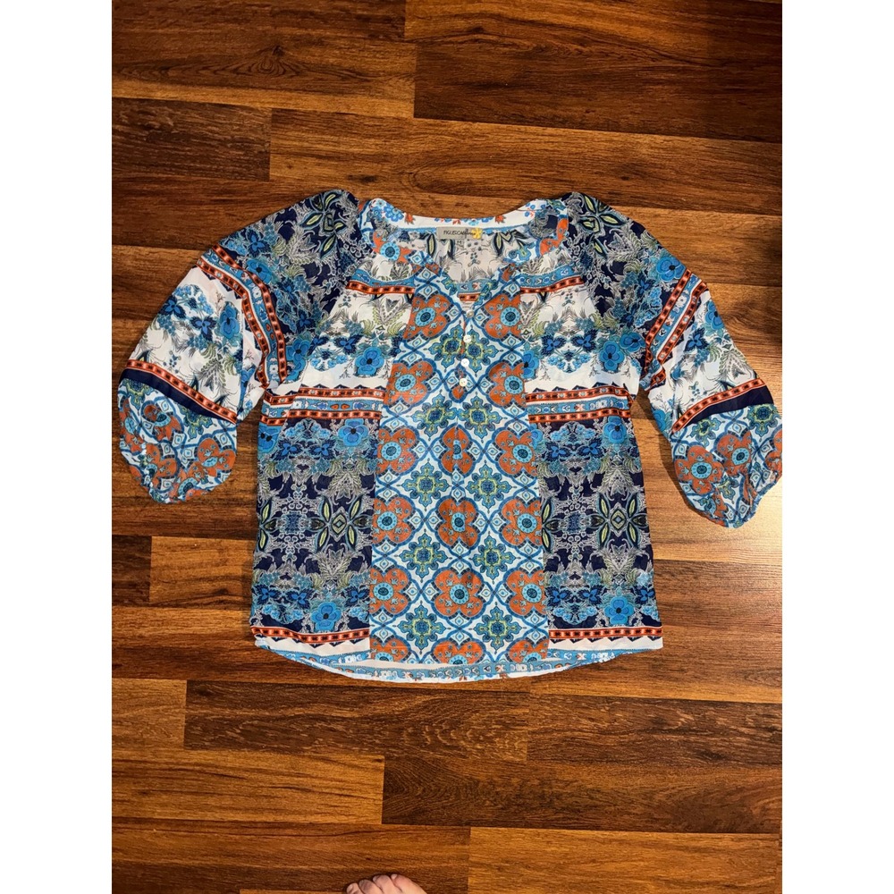 Figueroa & Flower Womens Blue Orange Floral Tile Print Boho Blouse Size Medium